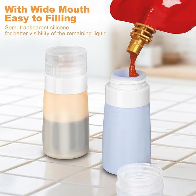 4Pcs Condiment Squeeze Bottles for Sauces, Leakproof Salad Dressing Container to Go, Small Silicone Squeeze Bottles with Brush, Condiment Containers Dispenser for Ketchup Hot Sauce Lunch Travel, 2 Oz