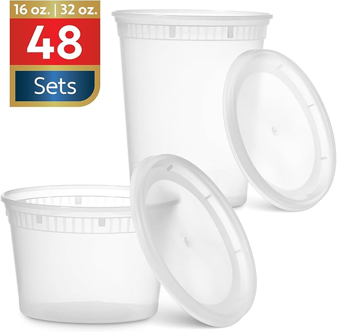 48 Pack Plastic Deli Containers with Lids (16, 32 oz 24 Each) - Food Storage Containers with Lids - Clear Disposable Meal Prep Containers, BPA Free, Stackable, Leakproof, Microwave and Freezer Safe