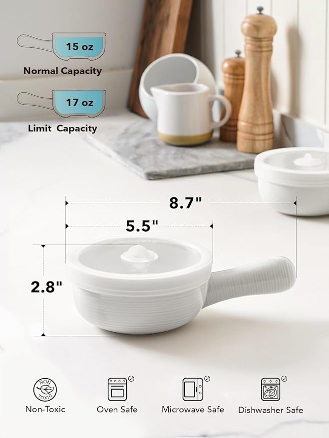 LE TAUCI Soup Bowls with Handles and Silicone Lids, 15 Oz French Onion Soup Bowls, Non-Toxic Ceramic Soup Crocks for Noodles, Stew, Cereal and Chilli, Oven Microwave Dishwasher Safe, Set of 2, White