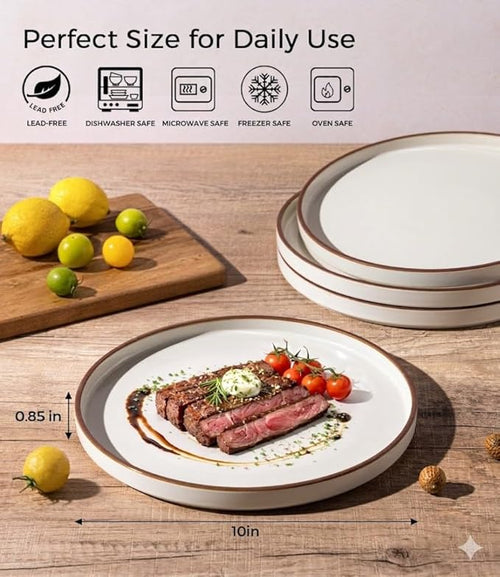 LERATIO Dinner Plates,10.25 Inch Ceramic Flat Plates Set of 6,High Edge Modern plates for Kitchen,Microwave & Dishwasher & Oven Safe, Scratch Resistant Dishes Set-White with Rim
