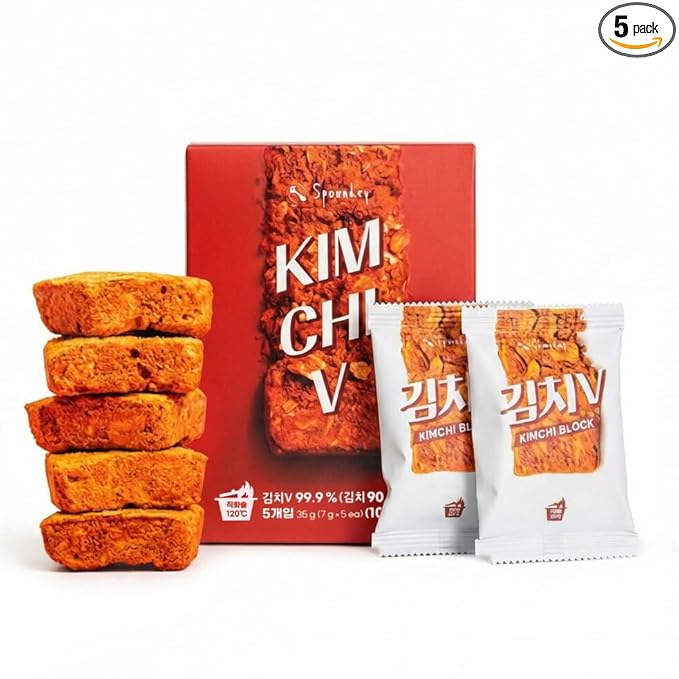 Korean Food SPOONKEY Freeze-Dried Kimchi Blocks for Ramen, Soup & Camping Meals, Authentic Fermented Kimchi Flavor, Lightweight Instant Kimchi Cubes, Easy Travel Food, 7g x 5 Packs