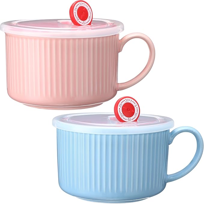 Nuenen 2 Pcs Soup Bowls with Lids and Handles 30 oz Microwave Safe Ceramic Soup Mug Microwavable Ramen Containers with Lids Large Colorful Cups for Noodle Cereal kitchen(Baby Blue, Pink)