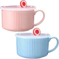 Nuenen 2 Pcs Soup Bowls with Lids and Handles 30 oz Microwave Safe Ceramic Soup Mug Microwavable Ramen Containers with Lids Large Colorful Cups for Noodle Cereal kitchen(Baby Blue, Pink)