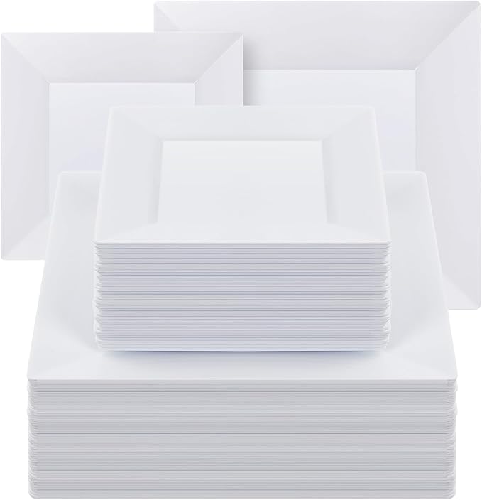 Goodluck 100 Pack Square Plastic Plates, Heavy Duty 50 Dinner Plates 9.5" and 50 Dessert Plates 6.5", Fancy Disposable Plates for Wedding, Holiday Party, Birthday, White
