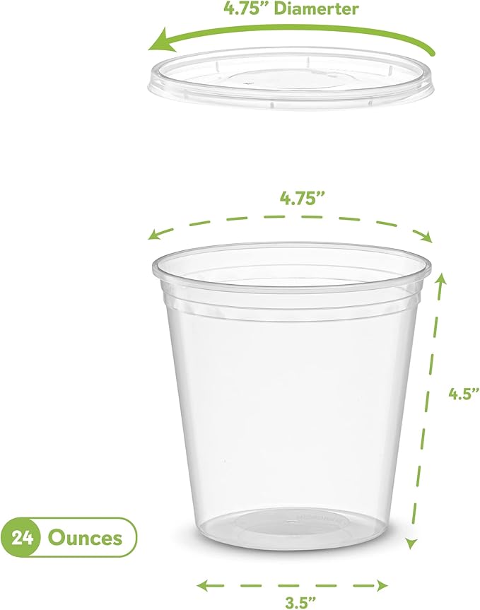 ELEGANT DISPOSABLES 24 OZ - 24 Sets Plastic Deli Food Storage Containers with Airtight Flexible Lids Microwavable, Leak Free, Washable, Freezer Safe.