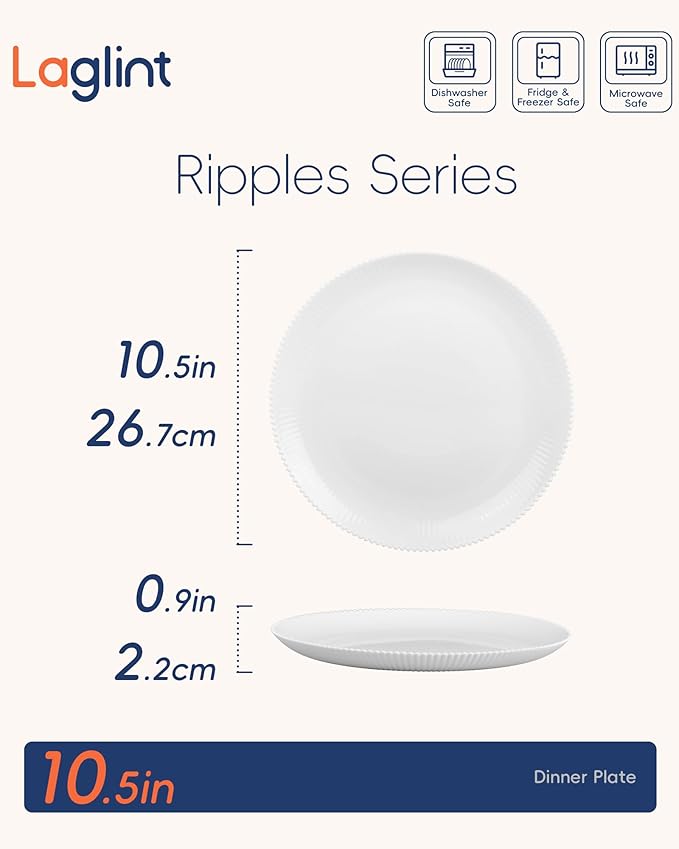 LaGlint 10.5 inch Ribbed Dinner Plate Set of 6, Round Opal Glass White Dinnerware Plates, Dishwasher and Microwave Safe