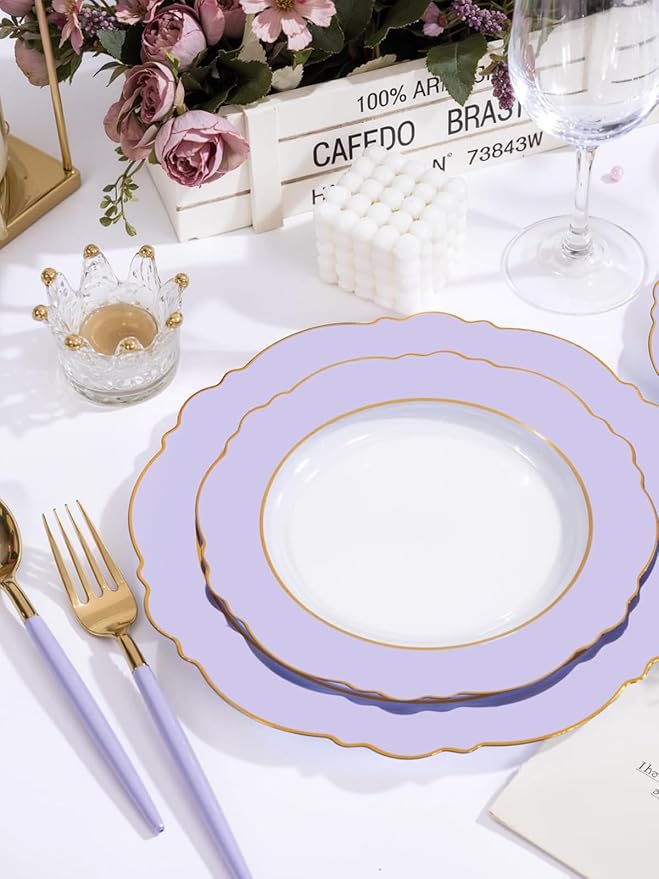 WDF 60pcs Clear Purple Plates Disposable with Gold Rim - Baroque Lavender Purple Plastic Plates for Party/Wedding/Spring/Picnic
