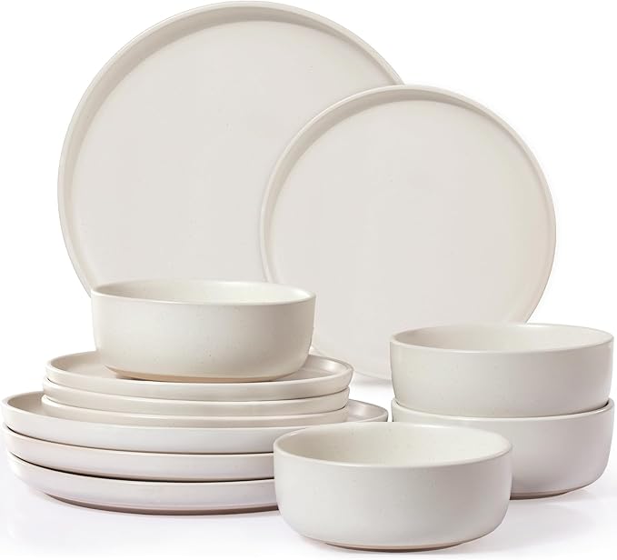 Ceramic Plates and Bowls Sets, White Dinnerware Set for Kitchen, Modern Design Dinner Plates, Stoneware Dishware Sets, Microwave and Dishwasher Safe
