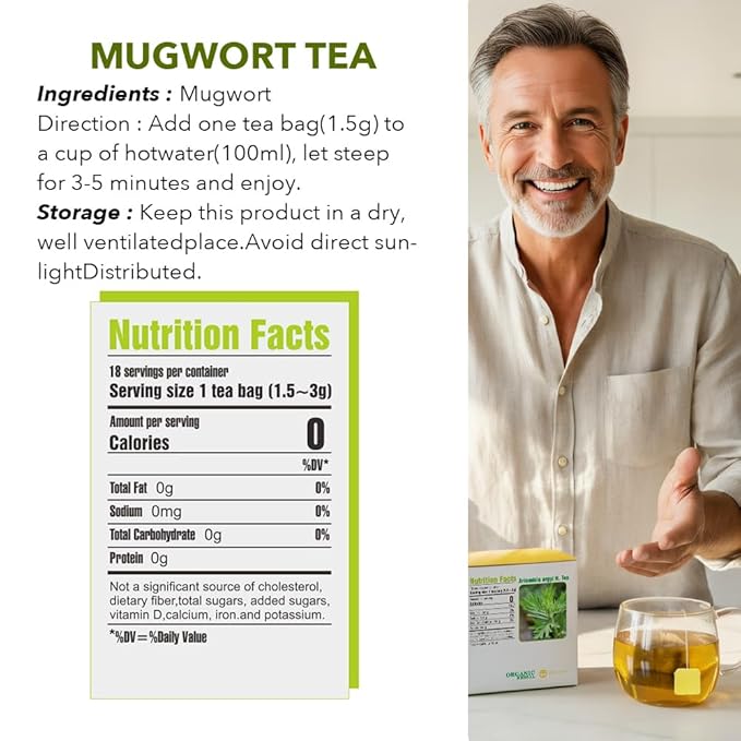 Soilmount - Chinese Mugwort Tea - |Artemisia Argyi|Ai Ye|艾葉|艾蒿| - Pure Herbal Tea - Natural, Organic, Non-GMO, Clean Ingredients, Caffeine Free (18 Tea Bags, Box 1)