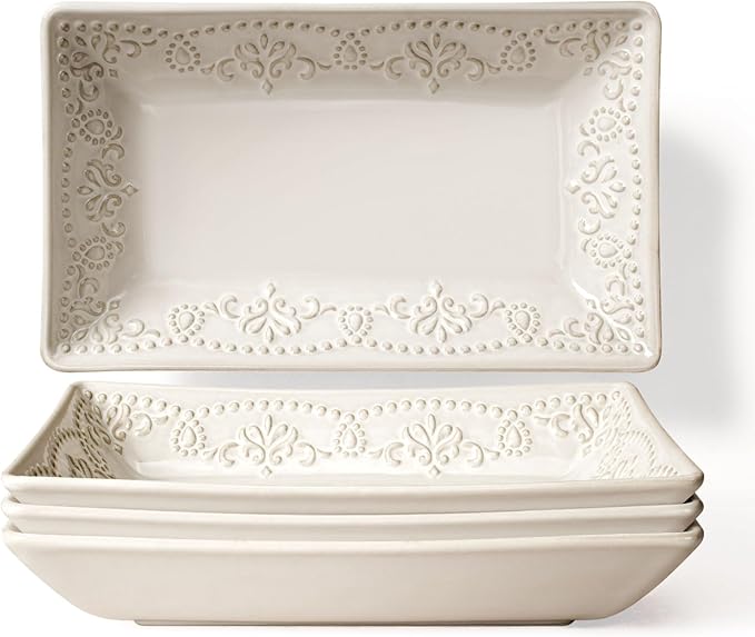 Artena 8.25" Ceramic Rectangle Plates Set of 4 - Deep Lipped Edges, Appetizer Salad Sushi Pasta Dessert Plates, Microwave/Oven Safe, Cute Kitchen Dinner Restaurant Serving Dishes (Damask Floral)