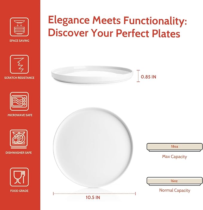 Sweese Porcelain Flat Dinner Plates Set of 6, 10.5 Inch High Edge Dish Set - Dishwasher, Microwave, Oven Safe, Scratch Resistant, Kitchen Serving Dishes - Elegant White Glaze