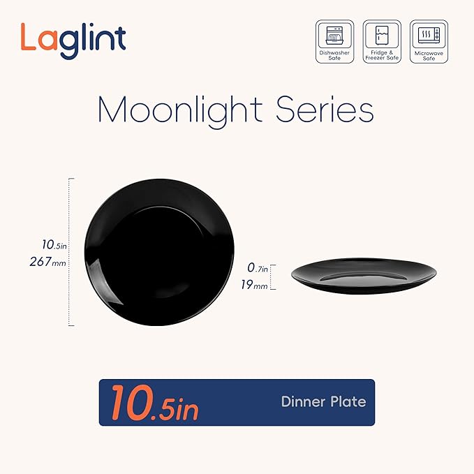 LaGlint 10.5 inchDinner Plate Set of 6, Lightweight Round Opal Glass White Dinnerware Plates, Dishwasher and Microwave Safe