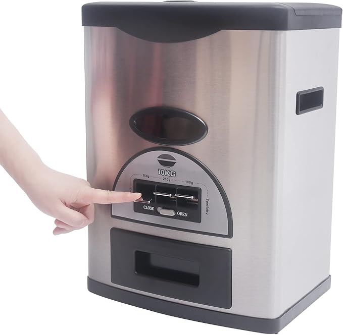 10Kg/22Lb Auto Rice Dispenser, Black Dispenser Three Gears Measuring Rice Storage Container Stainless Steel Rice Organization with Grains Tray Cone-Shaped Funnel Design