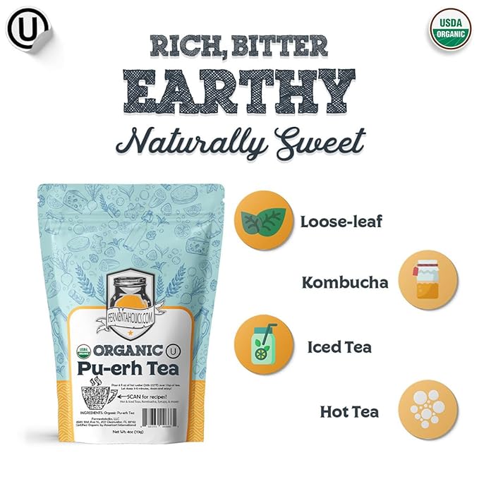 Fermentaholics Organic Cooked (Shou) Pu-Erh Tea Leaves – 4 oz – USDA Organic & OU Kosher Certified – Loose Leaf for Kombucha Brewing, Hot or Iced Tea