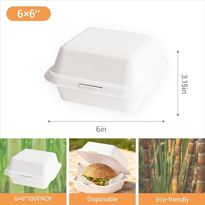 Disposable Burger Paper Clam Shell 100pcs 6" X 6" X 3" Takeaway Container with Flip Lid, Microwave/Frozen Food Grade sugarcane bagasse material, Served In Burger Cakes, Sandwiches, Desserts, Salads,
