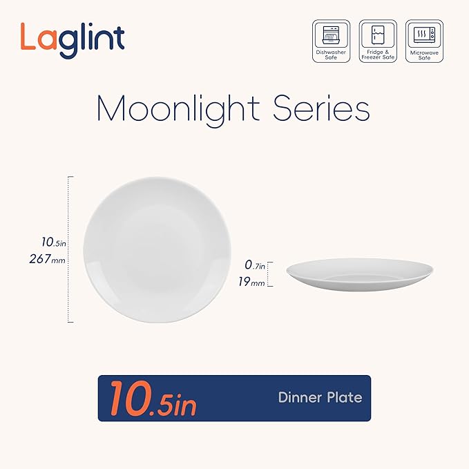 LaGlint 10.5 inch Dinner Plate Set of 6, Lightweight Round Opal Glass White Dinnerware Plates, Dishwasher and Microwave Safe