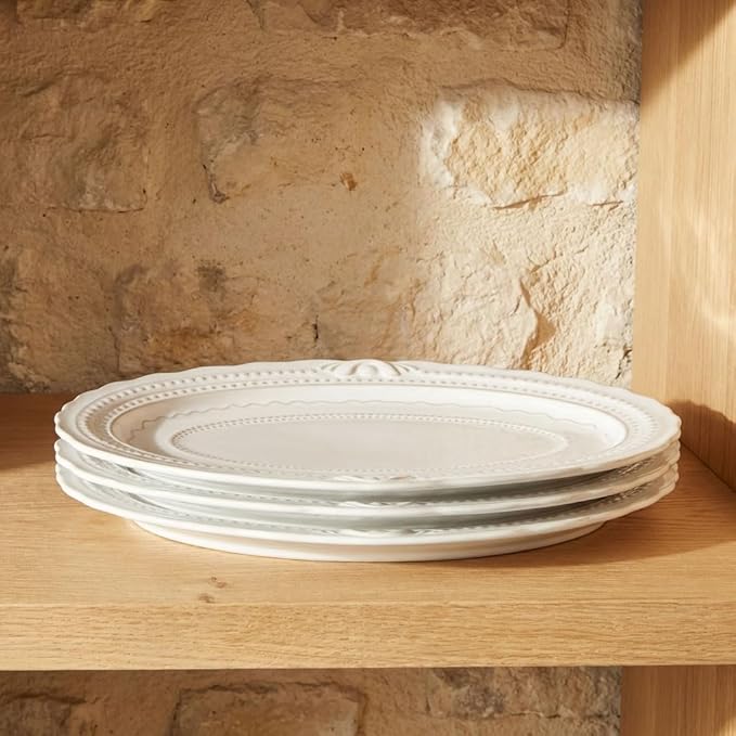 Ceramic dinner plate set (4 pieces), ceramic dinner plates, embossed salad plates, Kitchen Porcelain Serving Dishes, microwave/oven/dishwasher safe, scratch-resistant.