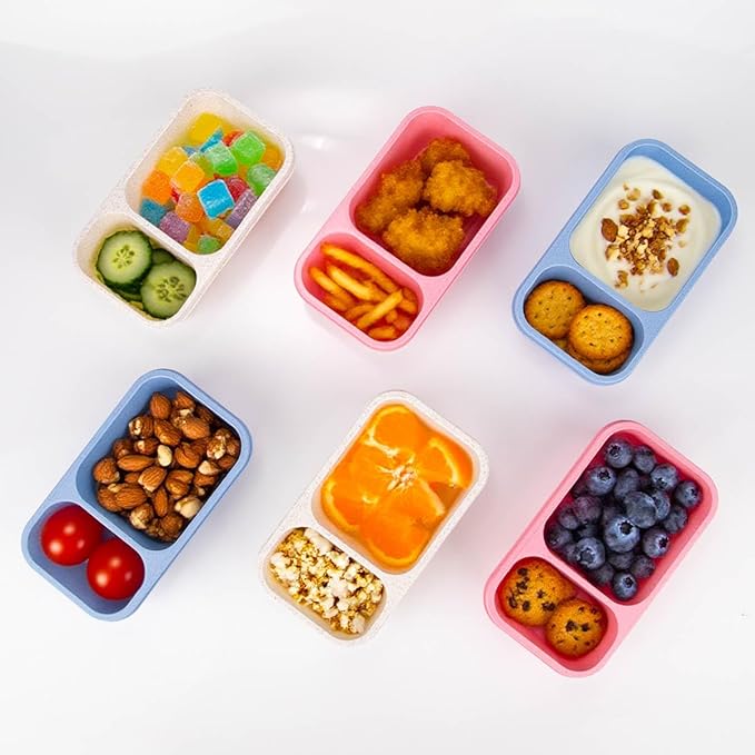 DOSEWART 2-Compartment Reusable Snack Containers with Lids, Wheat Straw Reusable Snack Packs for Food Storage Meal Prep On-the-Go Snacking(3Pack)