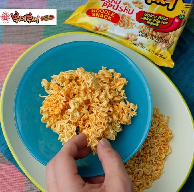 OTOKI Ppushu Ppushu Noodle Snack Spicy Rice Cake (Tteokbokki) Flavor, Korean Ramen Snack, Crush to Eat, 90g, 24 Pack