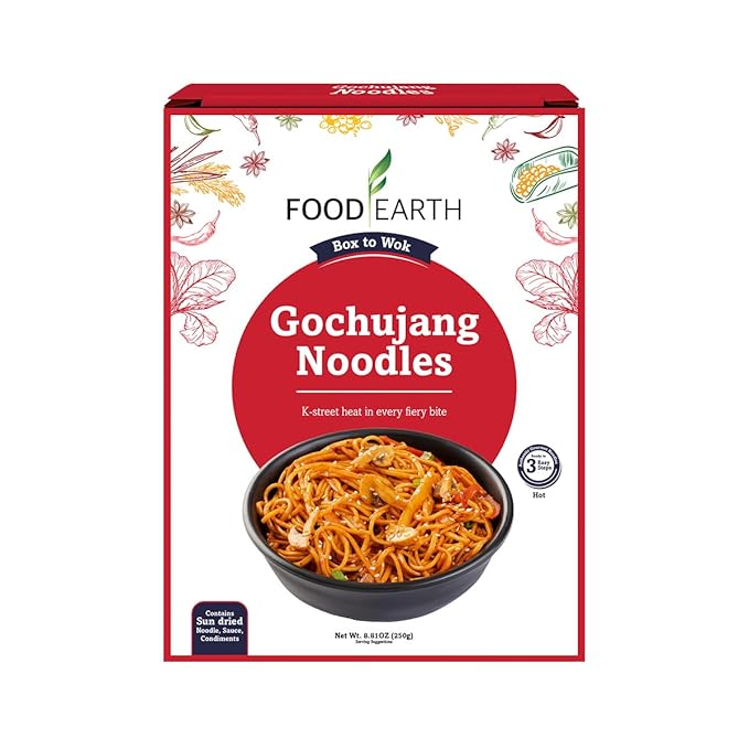 Food Earth Gochujang Noodles 250g | Korean Spicy Stir Fry Noodles | Quick Cook Non-Sticky Noodles for Wok, Chow Mein & Lo Mein | Authentic Flavor | Easy Meal Kit – 250g Pack