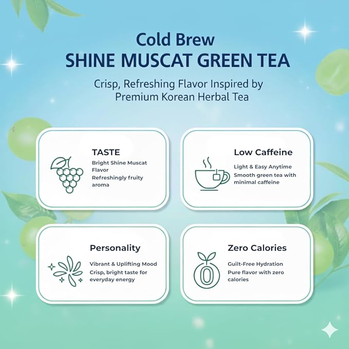Damtuh Shine Muscat Green Tea Cold Brew – Refreshing Fruit Green Tea with Real Leaves & Muscat Flavor – Lightly Caffeined Iced Herbal Tea Bags for Summer Hydration (1.8g x 20 Count)