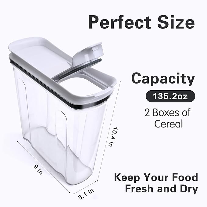 Cereal Containers Storage Set, Airtight Food Storage Container with Lid 4L/135.2oz, 2PCS BPA-FREE Plastic Pantry Organization Canisters for Rice Cereal Flour Sugar Dry Food in Kitchen