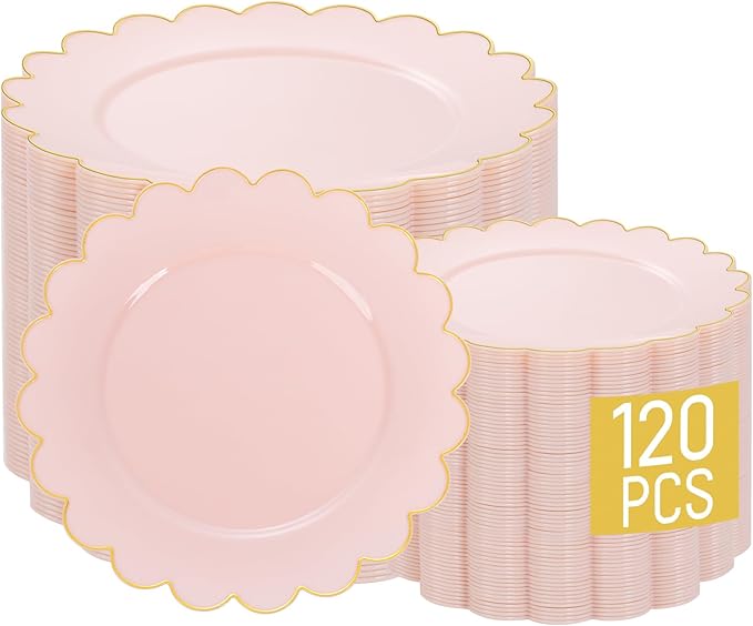 LIYH 120 Pcs Pink Plastic Plates Disposable Set Includes 60 Dinner Plate 10.25" & 60 Dessert Plate 7.5" with Elegant Gold Rim for Party Birthday Baby Shower