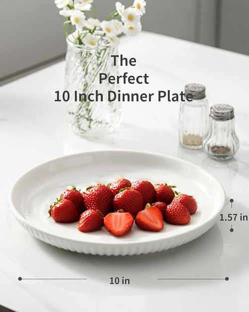 HASENSE Dinner Plate, 10 Inch White Ceramic Plates Set of 6, Dish Set for Steak, Pasta, Pizza, Appetizer, Round Dinnerware Dish for Kitchen, Serving Plate Microwave, Oven and Dishwasher Safe