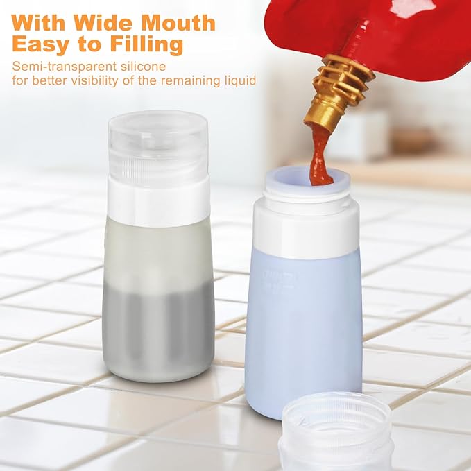 Seropy Condiment Squeeze Bottles for Sauces, Salad Dressing Container to Go, Small Silicone Squeeze Bottles, Condiment Containers Dispenser for Ketchup Hot Sauce, Purple/Beige/Blue/Gray 2 Oz