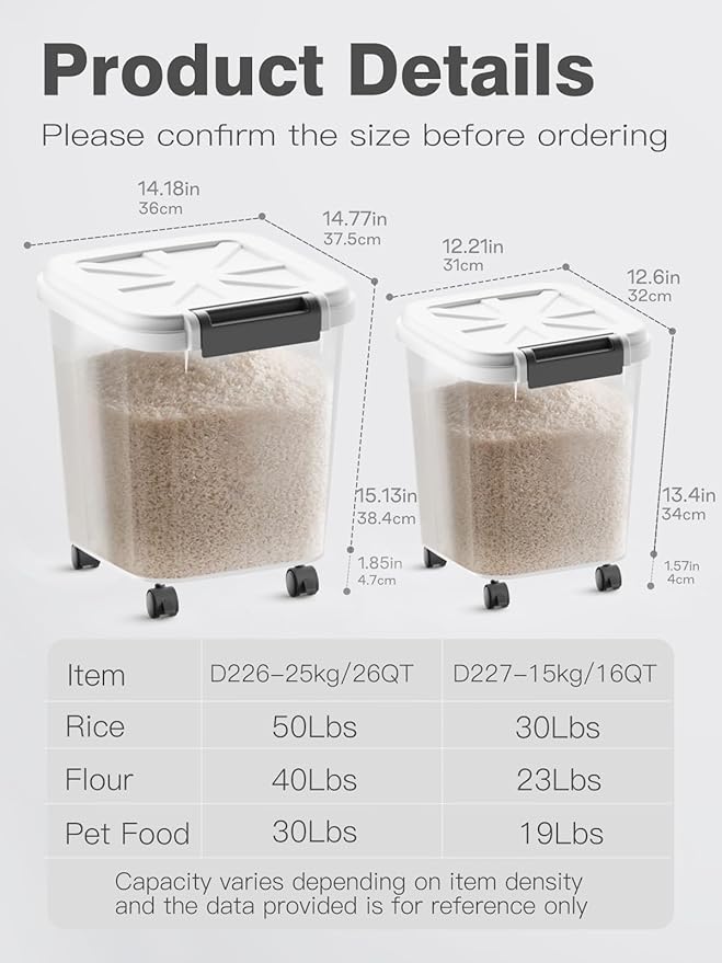 LivLab Mker Rice Dispenser - 50LBS Airtight food storage container with lids,cereal flour storage container with wheels, flour bin rice organizer (25KG)