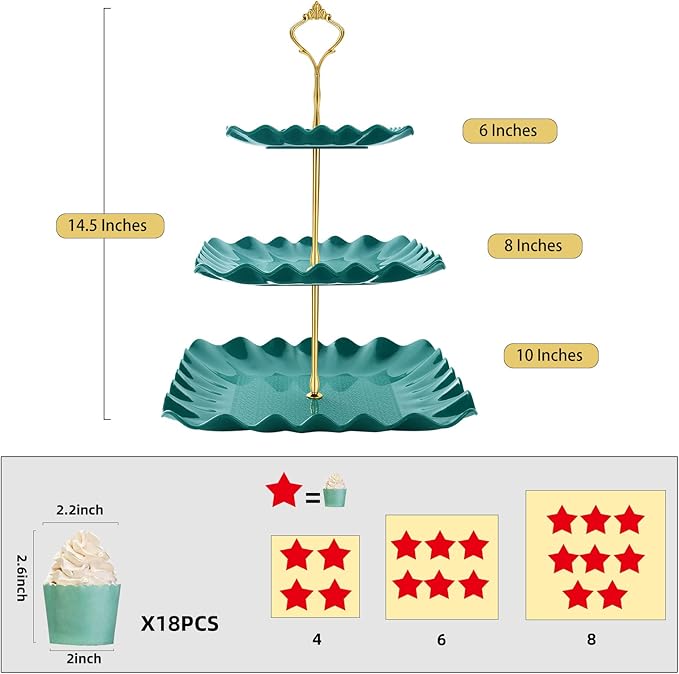 DAFURIET Dessert Cupcake Stand, 3 Tier Cup Cake Holder Tower for Tea Party/Birthday/Wedding, Plastic Tiered Serving Tray with Metal Rod (Green)