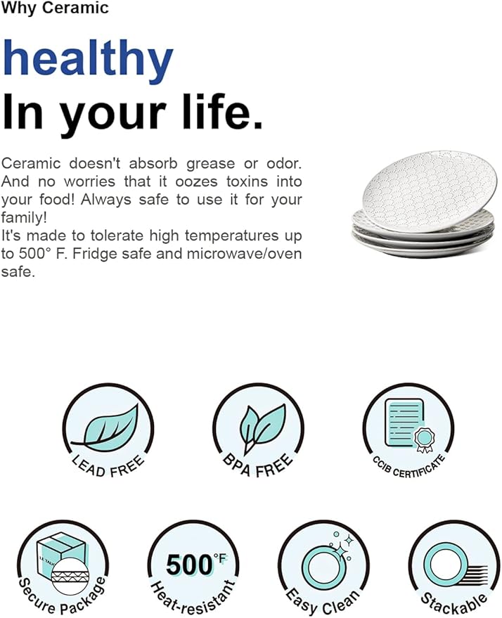 LE TAUCI 10 Inch Ceramic Dinner Plates Set of 4, Large Embossed Plate Set for Kitchen, Microwave & Dishwasher Safe Dinnerware Sets, Modern White Serving Dishes for Pasta, Steak - Arctic White