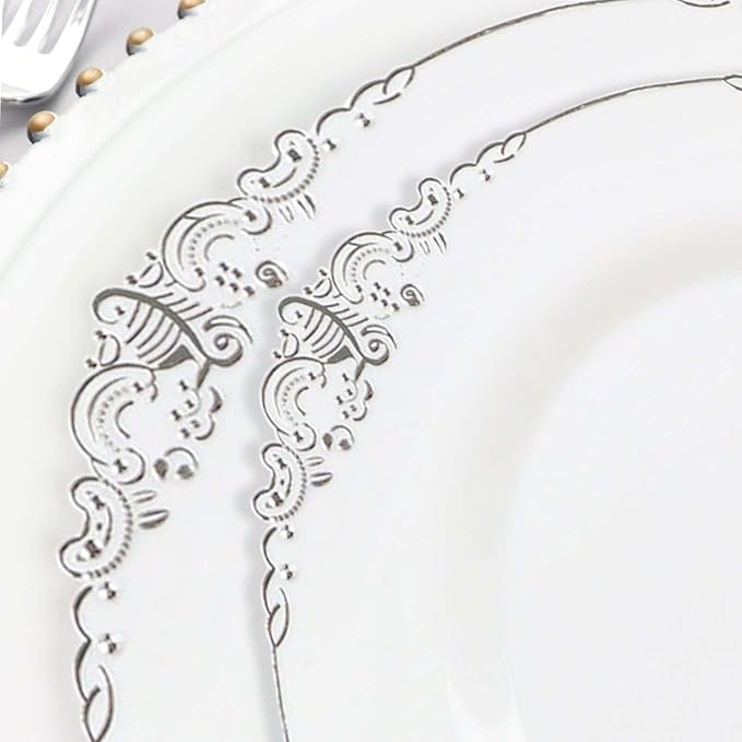 Efavormart 10 Pack | 8" White and Silver Baroque Dessert Plates, Leaf Embossed Metallic Rim Heavy Duty Appetizer Plates for Formal Tea Parties