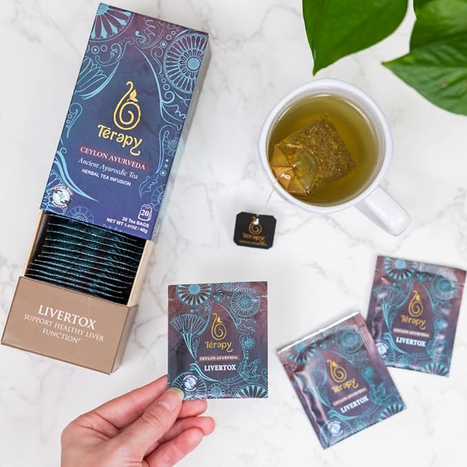 TERAPY Ceylon LIVERTOX Herbal Tea Bags – Fatty Liver Detox & Kidney Cleanse with Turmeric, Aloe Vera, Lemongrass – Ayurvedic Detox Green Tea – 20 Individually Wrapped, All-Natural Tea Bags (1 Pack)