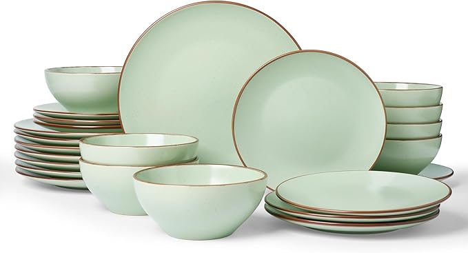 Famiware Venus Plates and Bowls Sets with Trim, 24 Pieces Speckled Stoneware Dinnerware Set for 8, Light Green - Microwave & Dishwasher Safe, Modern Minimalist, Dishes for Everyday & Formal Use
