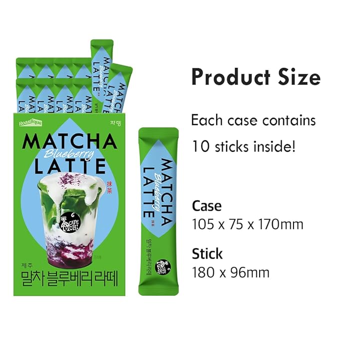ROASTIQUE Official Café Mori Jeju Matcha Latte, 10 Sticks, 90 Calories, Ceremonial Grade Green Tea Powder Sweetened Café Quality Drink Mix, Blueberry, 7 oz