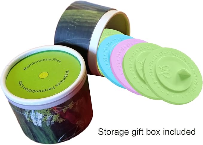 7pack Maintenance airlock waterless fermentation lids for wide mouth mason jars. Make Sauerkraut, Kimchi, Pickles, any fermented vegetable probiotic foods. BPA, mold free, dishwasher safe.