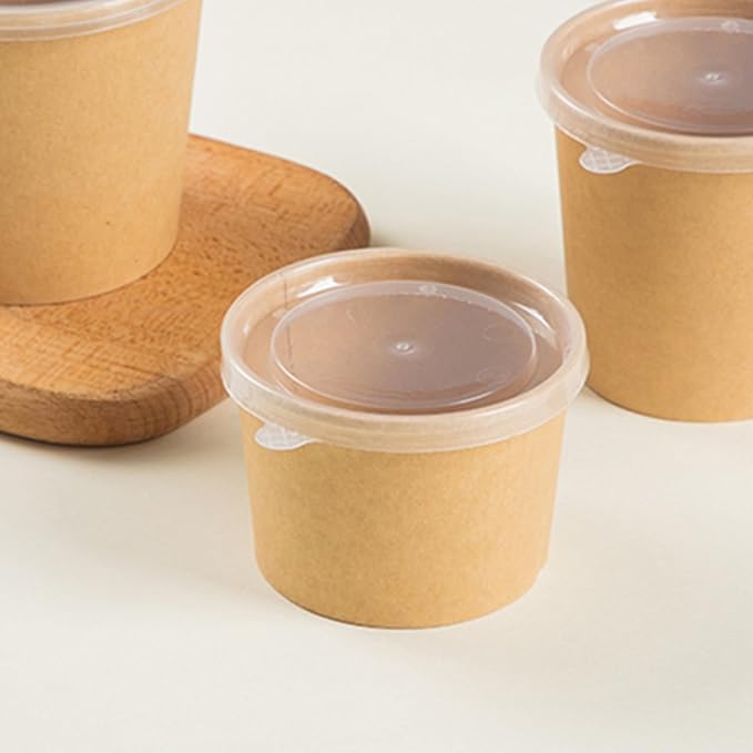 100 Pack Paper Food Containers with Lids, 8 Oz Cardboard Ice Cream Portion Cups, Reusable To Go Hot Soup Bowls for Christmas Thanksgiving Gathering, Brown