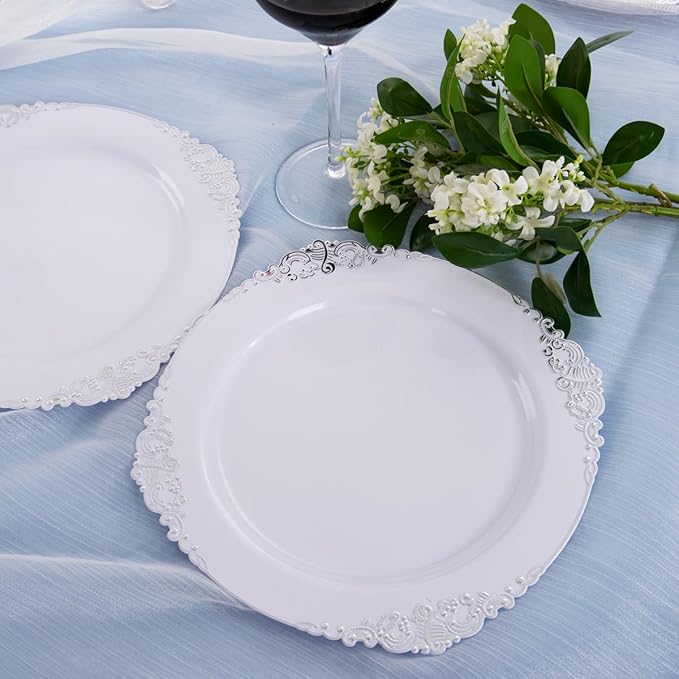 Hioasis 100pcs White Silver Plastic Plates for Party - 7.5" Dessert Plates Disposable, Heavy -duty, Classy and Elegant for Wedding