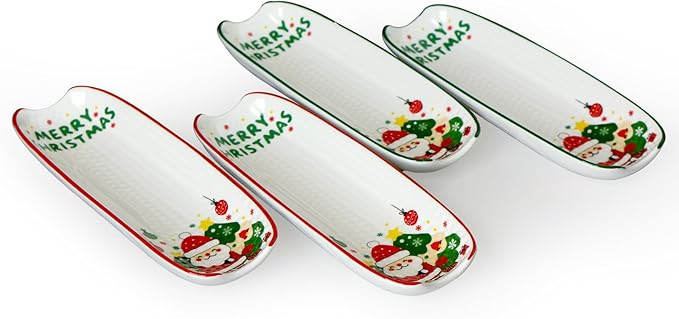 Cinf Ceramic Corn Cob Holders 8.8" Corn Dishes Set of 4, Xmas Dishes Non-slip Bottom Christmas Gifts Microwave Dishwasher Oven Safe (Xmas)