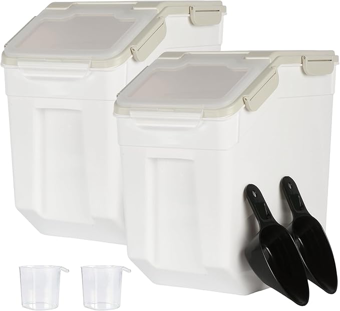 Saim Flour Storage Containers 25lb, 2Pack Airtight Rice Storage Containers with Wheels, Rice Dispenser with Measuring Cup,Scoop for Flour, Grain, Cereal, Pet Food Organizer - Grey