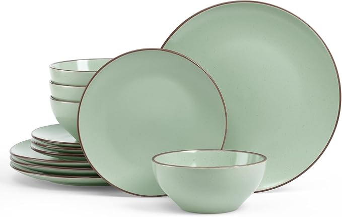 Famiware Venus Plates and Bowls Sets with Trim, 12 Pieces Speckled Stoneware Dishes Dinnerware Set for 4, Light Green - Microwave & Dishwasher Safe, Modern Minimalist, Everyday & Formal Dining