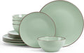Famiware Venus Plates and Bowls Sets with Trim, 12 Pieces Speckled Stoneware Dishes Dinnerware Set for 4, Light Green - Microwave & Dishwasher Safe, Modern Minimalist, Everyday & Formal Dining