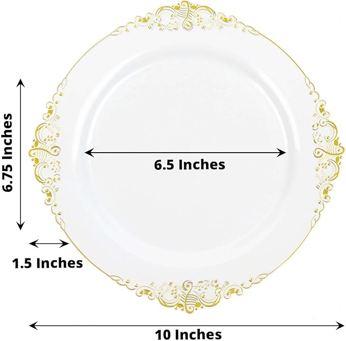 Efavormart 10 Pack | 10" White and Gold Baroque Dinner Plates, Leaf Embossed Metallic Rim Heavy Duty Serving Plates for Formal Wedding Banquets