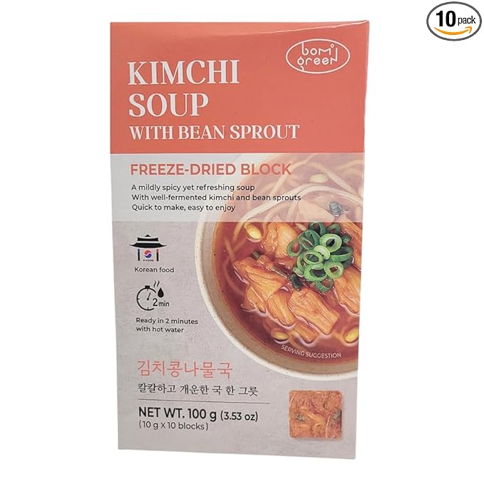 Bom Green Freeze-Dried Kimchi Soup with Bean Sprouts, Korean Food, Instant Soup Blocks, 10 Count, 3.53 oz