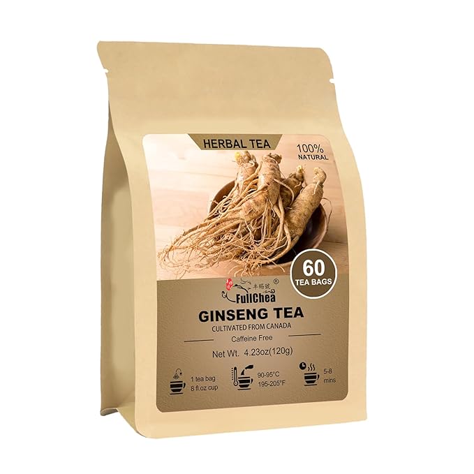 FullChea - Ginseng Tea bags, 60 Teabags - Pure Ginseng Root Tea - Caffeine-Free Herbal Tea with Wellness Support