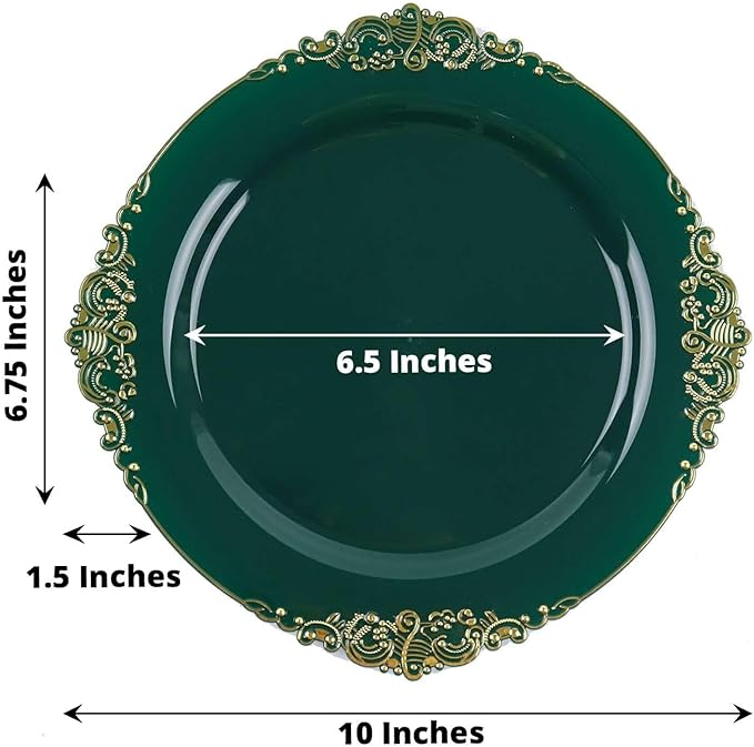 Efavormart 10 Pack | 10" Hunter Emerald Green and Gold Baroque Dinner Plates, Leaf Embossed Metallic Rim Heavy Duty Serving Plates for Forest Themes