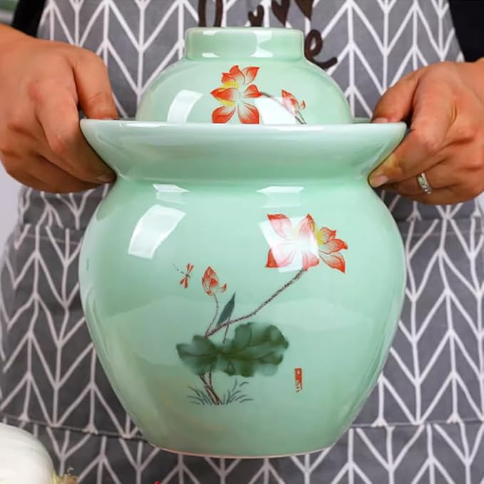 MRYBD Chinese Ceramic Pickle Jar with Lids,Kimchi Containers, Fermentation Jar, Fermentation Jars Ceramic Pots, Sealed Fermentation Jars with Lids, Sauerkraut Crock Green-1.75L