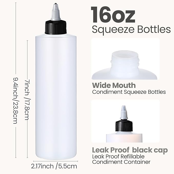 Irenare 30 Pack Plastic Condiment Squeeze Bottles for Sauces Empty Squirt Bottle with Top Cap for Condiment BBQ, Dressing, Paint, Workshop, Crafts(Black,16 oz)