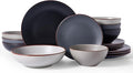 Famiware Venus Stoneware Dinnerware Set with Pasta Bowls for 4, 16-Piece Speckled Plates and Bowls with Trim, Matte Multicolor - Chip‑Resistant Dish Set for Everyday/Formal, Microwave/Dishwasher Safe